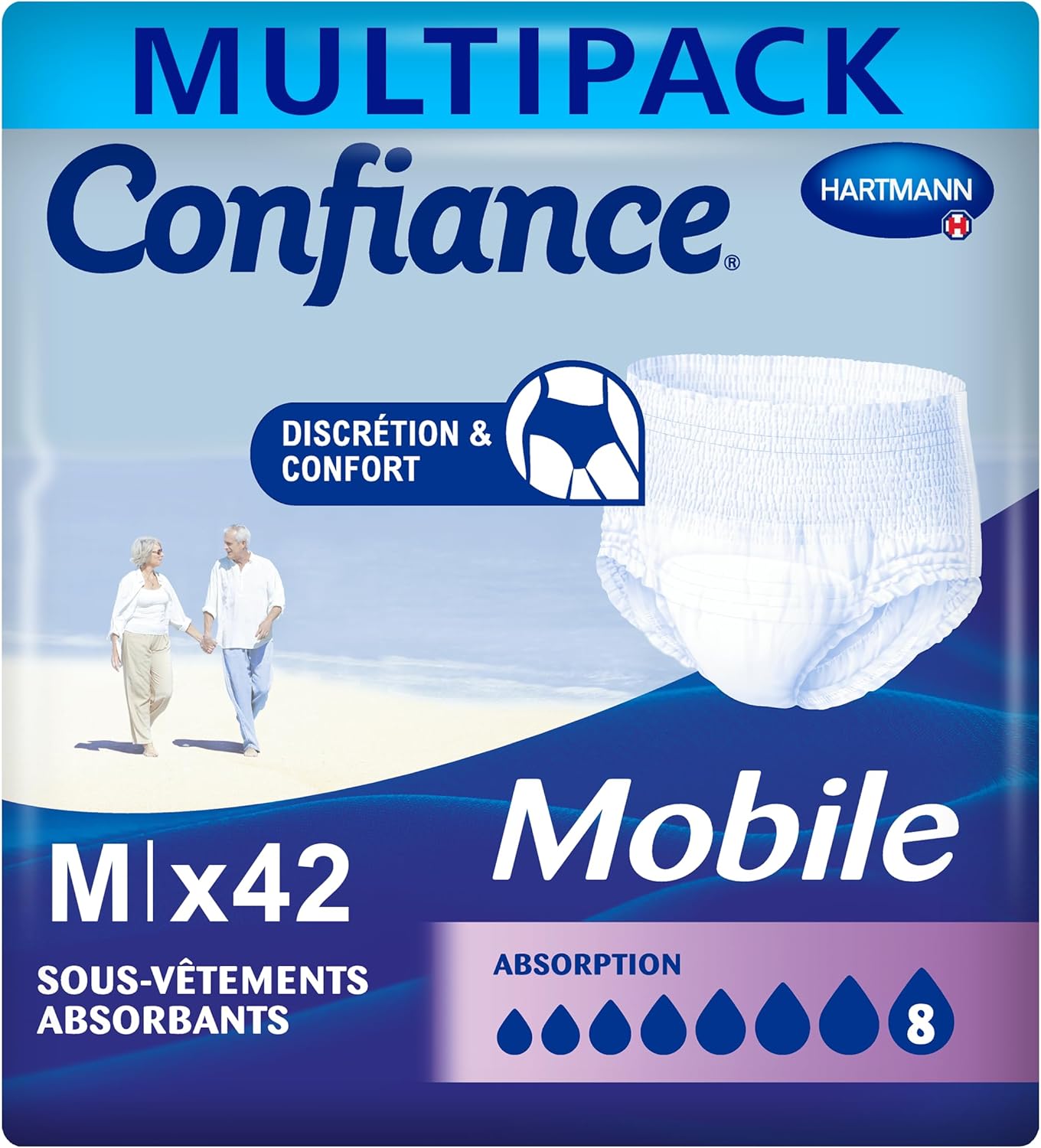Confiance Mobile - Slips Absorbants pour Hommes et Femmes - Niveau d'Absorption = 8 gouttes (Fuites Urinaires Importantes) - Discrets et efficaces - pH Neutre à la Peau - Taille M - 3x14 Unités