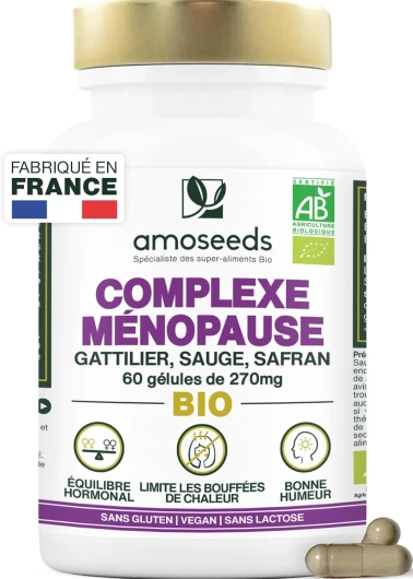 Ménopause BIO - Sans Hormones, 100% Naturel - Bouffées de Chaleur, Irritabilité, Stress - Gattilier, Sauge, Safran - 60 gélules - Qualité Supérieure