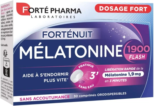 Mélatonine 1900 Flash - Mélatonine 1,9 mg - Comprimés à sucer - Action Rapide - Complément Alimentaire Sommeil - Endormissement Plus Rapide - 30 comprimés orodispersibles - goût vanille