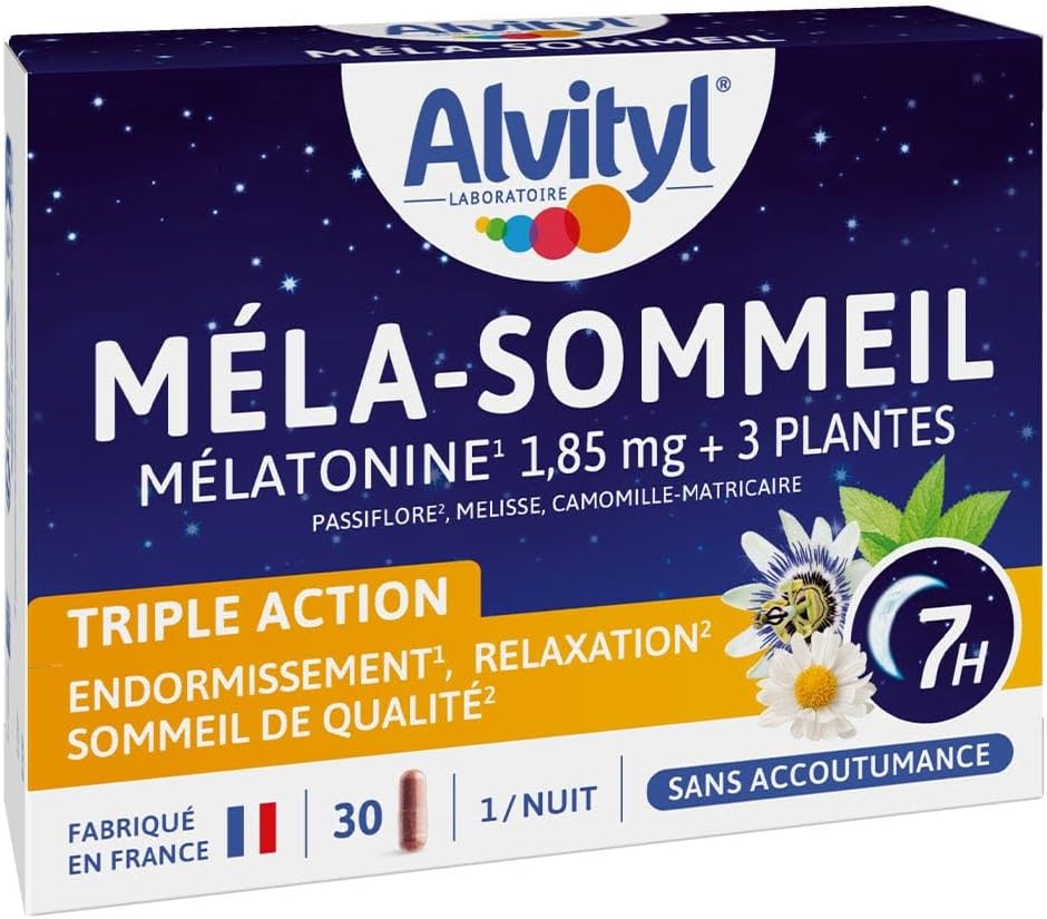 Méla-sommeil – Mélatonine + 3 plantes + vitamine B6 – Triple action sur le sommeil et la relaxation - Action chrononuit 7h - 1,85mg Mélatonine– 30 gélules