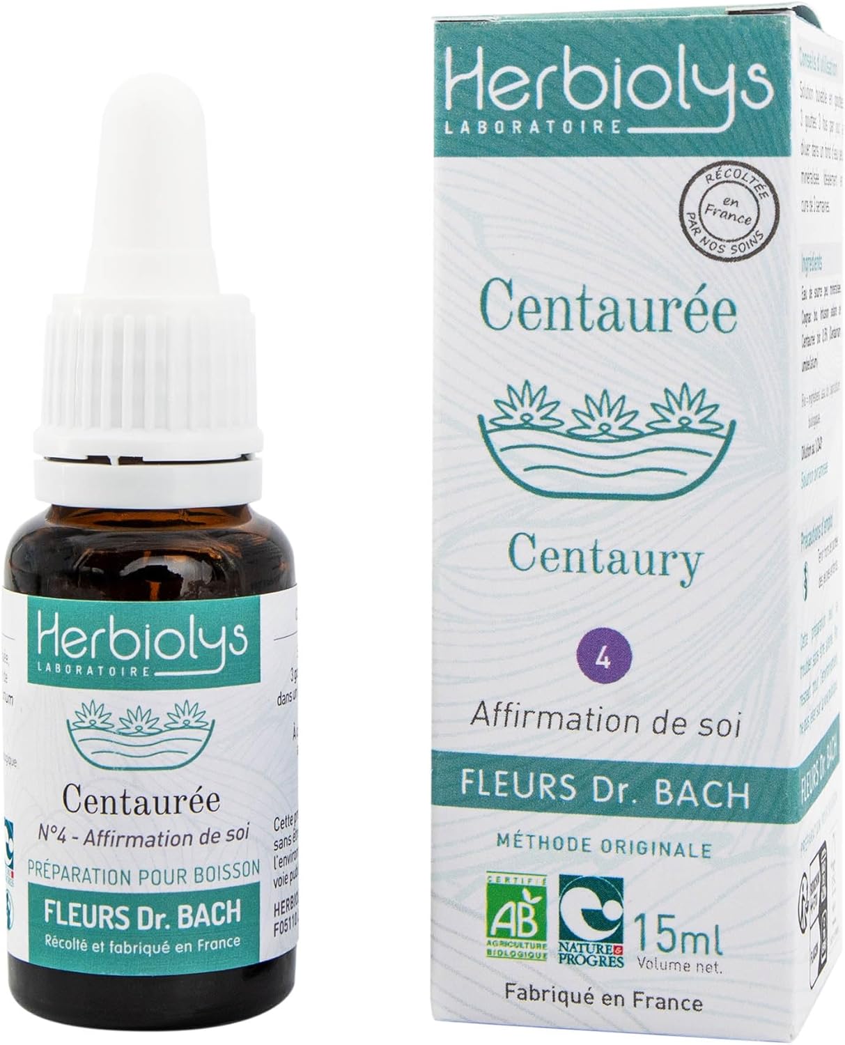 Herbiolys - Elixir Floral - Fleurs De Bach - Centaurée n°04 - Fabriqué En France - Bio - 15 ml N°4 - Centaurée 15 ml (Lot de 1)