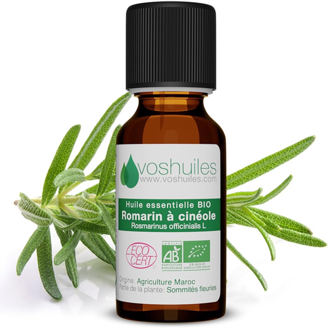Voshuiles - Huile Essentielle Romarin à Cinéole Bio 10ml - Parfum Frais - Nombreuses Vertus - Huiles Essentielles de Qualité - 100% Pure et Naturelle - HEBBD et Certifiée ECOCERT Romarin à Cinéole BIO 1 ml (Lot de 1)