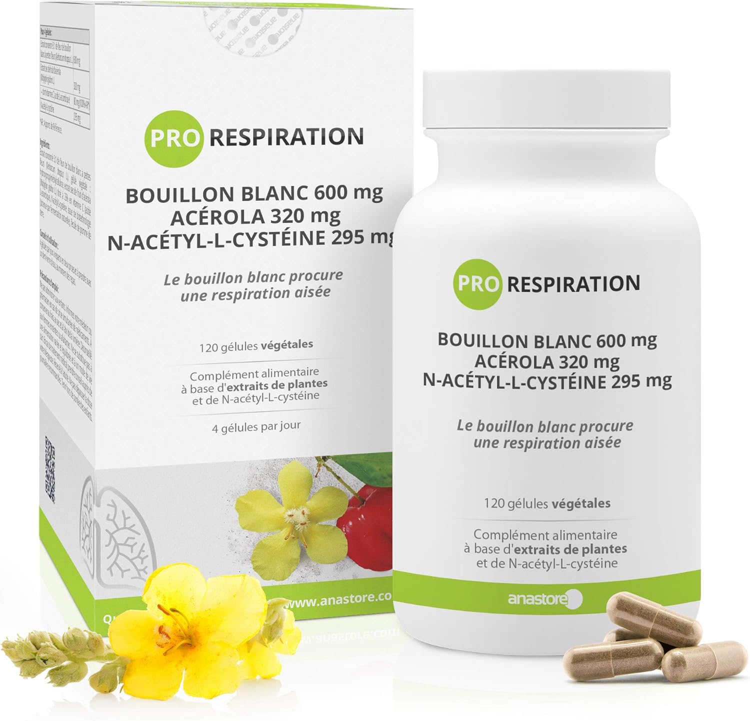 Pro Respiration * 303.75 mg / 120 gélules * Fleur de bouillon blanc, acérola et N-acétyl-cystéine * Antioxydants, Immunitaire