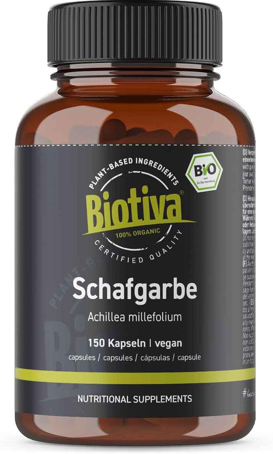 Achillée millefeuille bio 150 capsules - Achillea - 100% végan - Astéracées - Purement végétal - Conditionné et certifié en Allemagne - Gélules HPMC - Biotiva