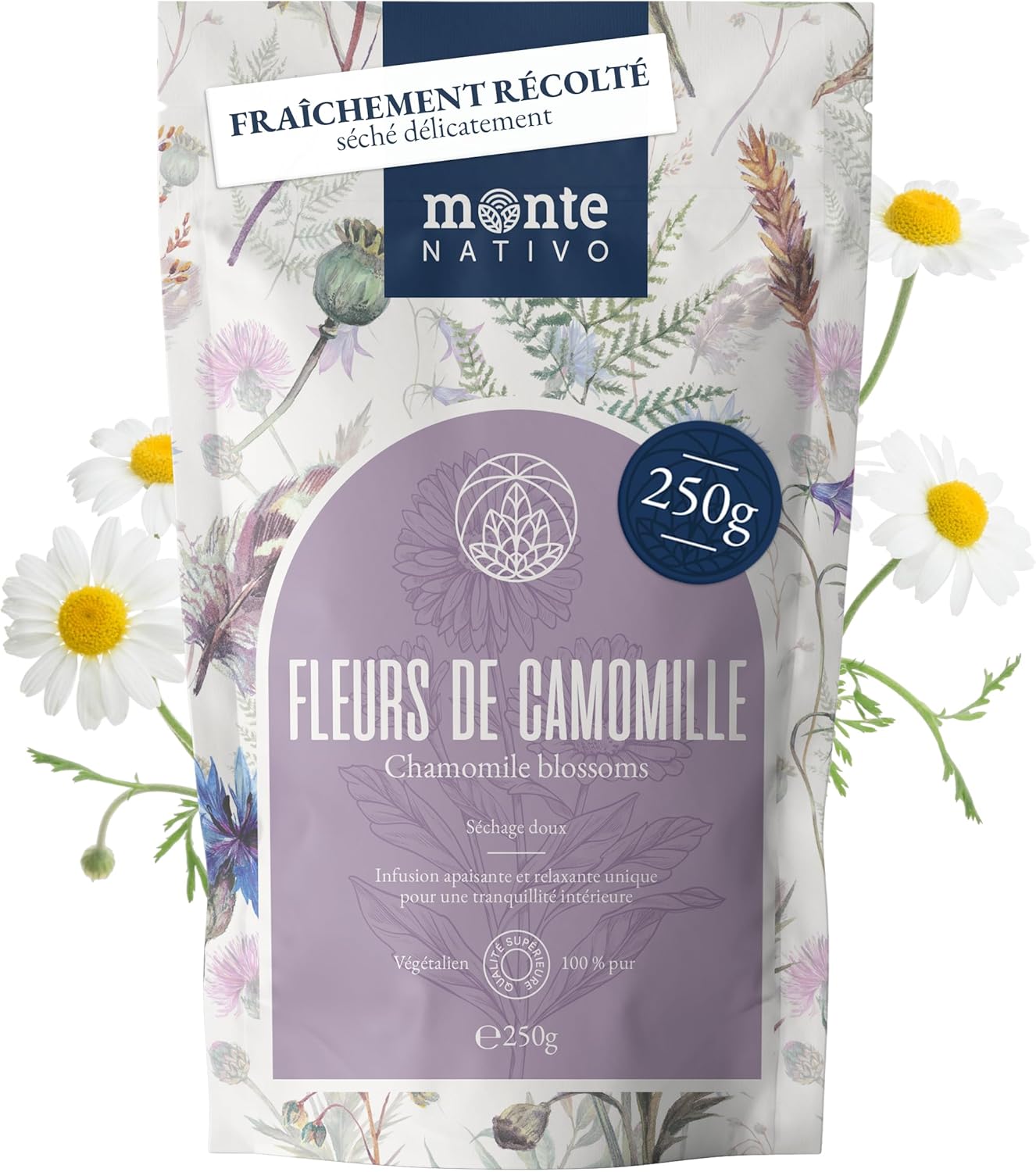 Infusion Camomille Monte Nativo (250g) - Camomille thé en vrac - Infusion vrac - 100% pur et naturel, sans additifs - Herbes à l'arôme intense pour la préparation d'une délicieuse tasse de tisane