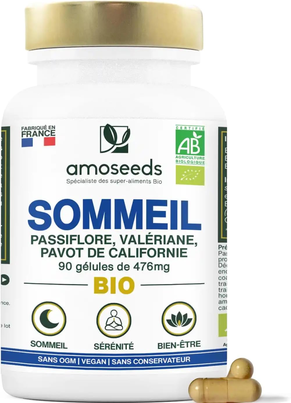 Sommeil BIO - Hautement dosé - Valériane, Passiflore - Endormissement rapide, Relaxation - 90 Gélules Vegan - Qualité Supérieure, Fabriqué en France
