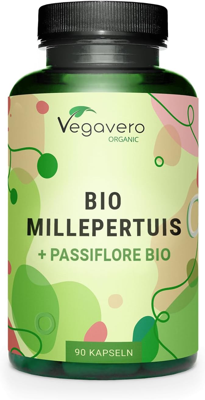 Millepertuis BIO 1000 mg - Avec Passiflore - Extraction FRANÇAISE - Hypericine + Flavonoides - Anti Stress + Humeur + Aide Sommeil - Sans Additifs & Vegan - 90 Gélules - Vegavero®
