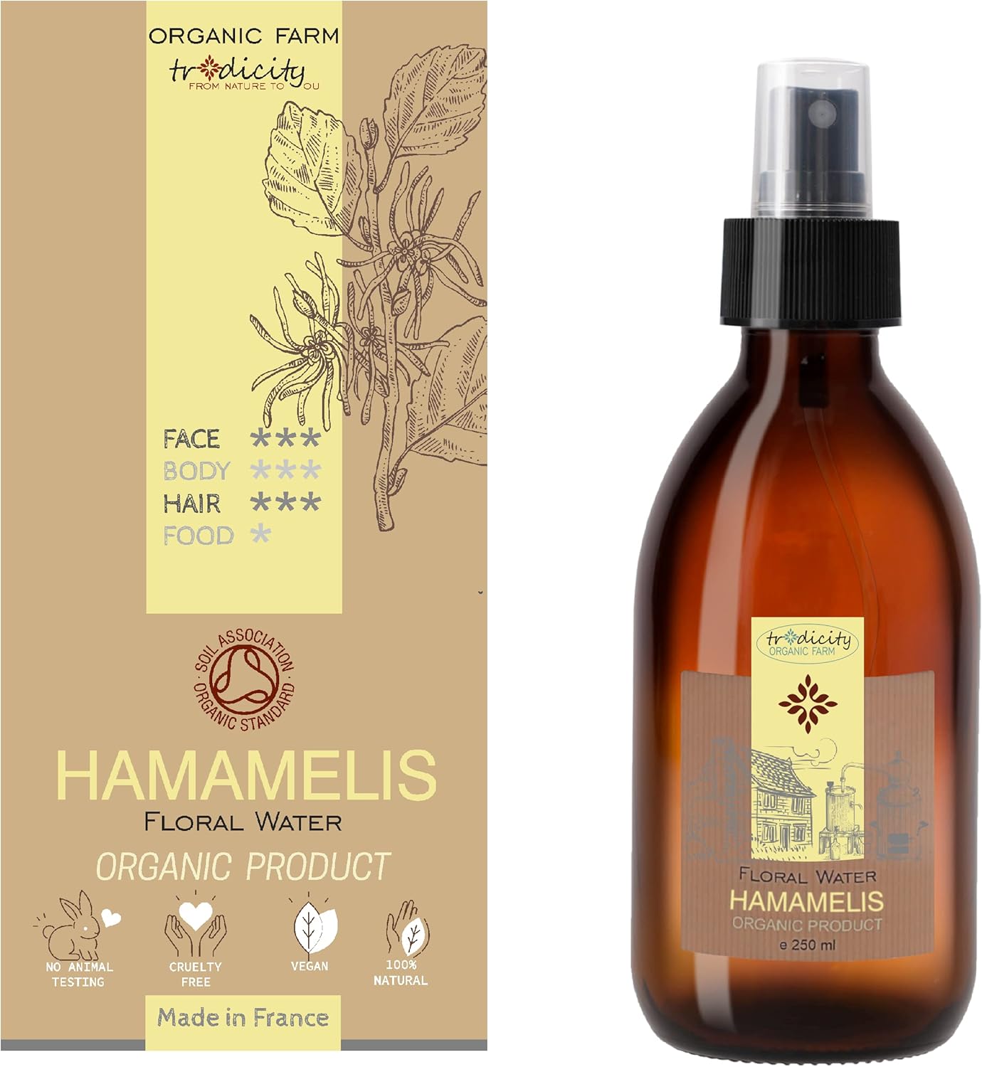 Hydrolat de Hamamelis Bio : Tonique Facial Astringent, Nettoyant Peau Grasse, Réducteur de Pores, Régulateur de Sébum, Apaisant, Anti-rides Contour des Yeux - 250 ml fruité 250 ml (Lot de 1)