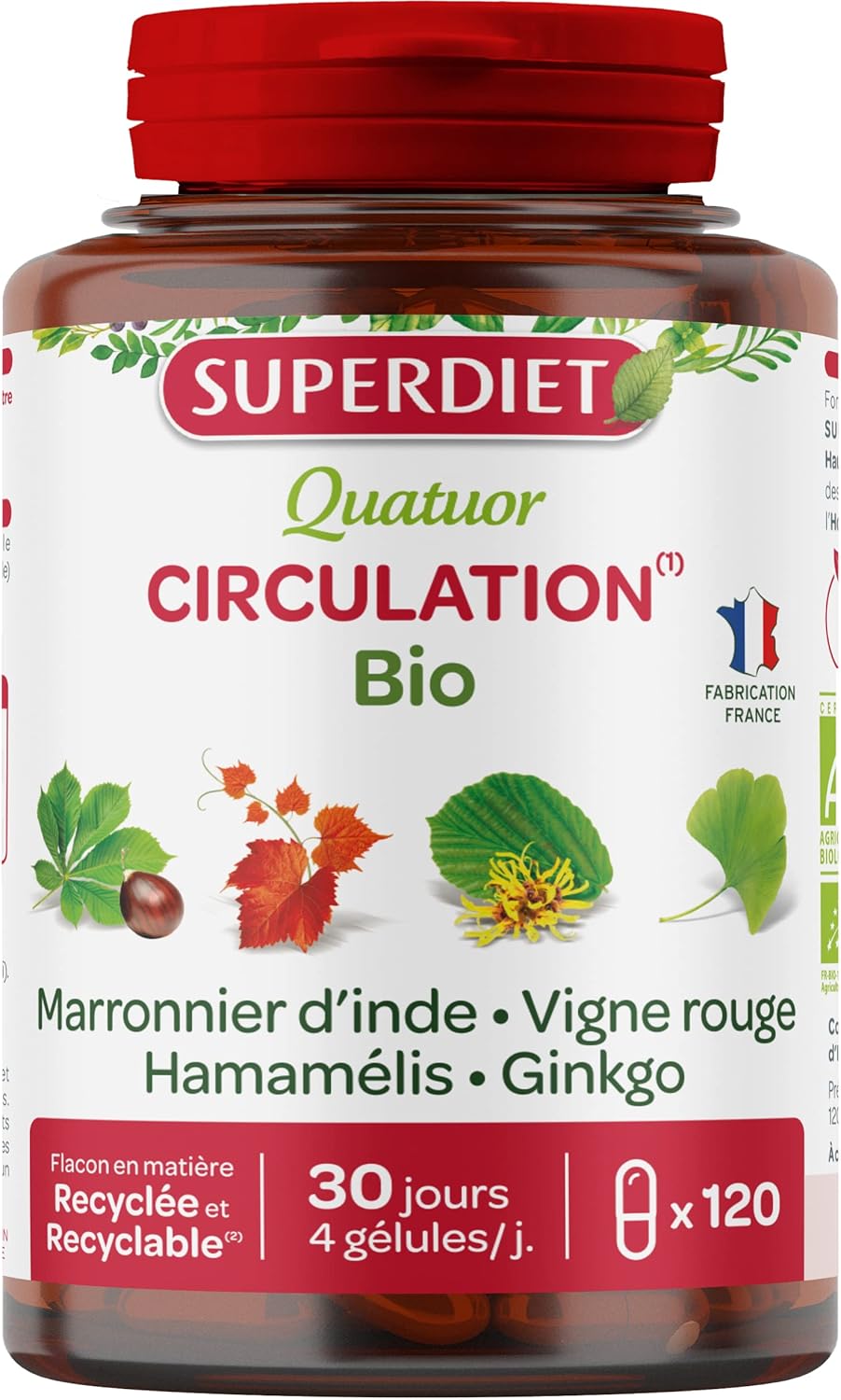 QUATUOR CIRCULATION BIO- Marronnier d'Inde, Vigne rouge, Hamamélis, Ginkgo -Phytothérapie - Fabrication France - 120 gélules