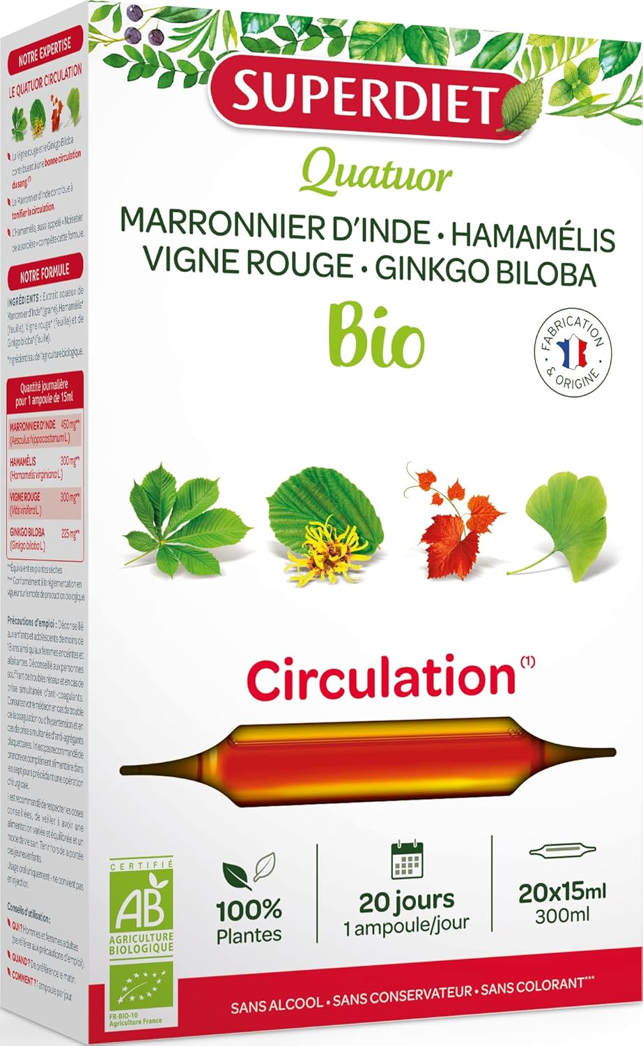 Quator Marronnier, Hamamélis, Vigne Rouge et Ginkgo 20 ampoules de 15ml soit 300ml