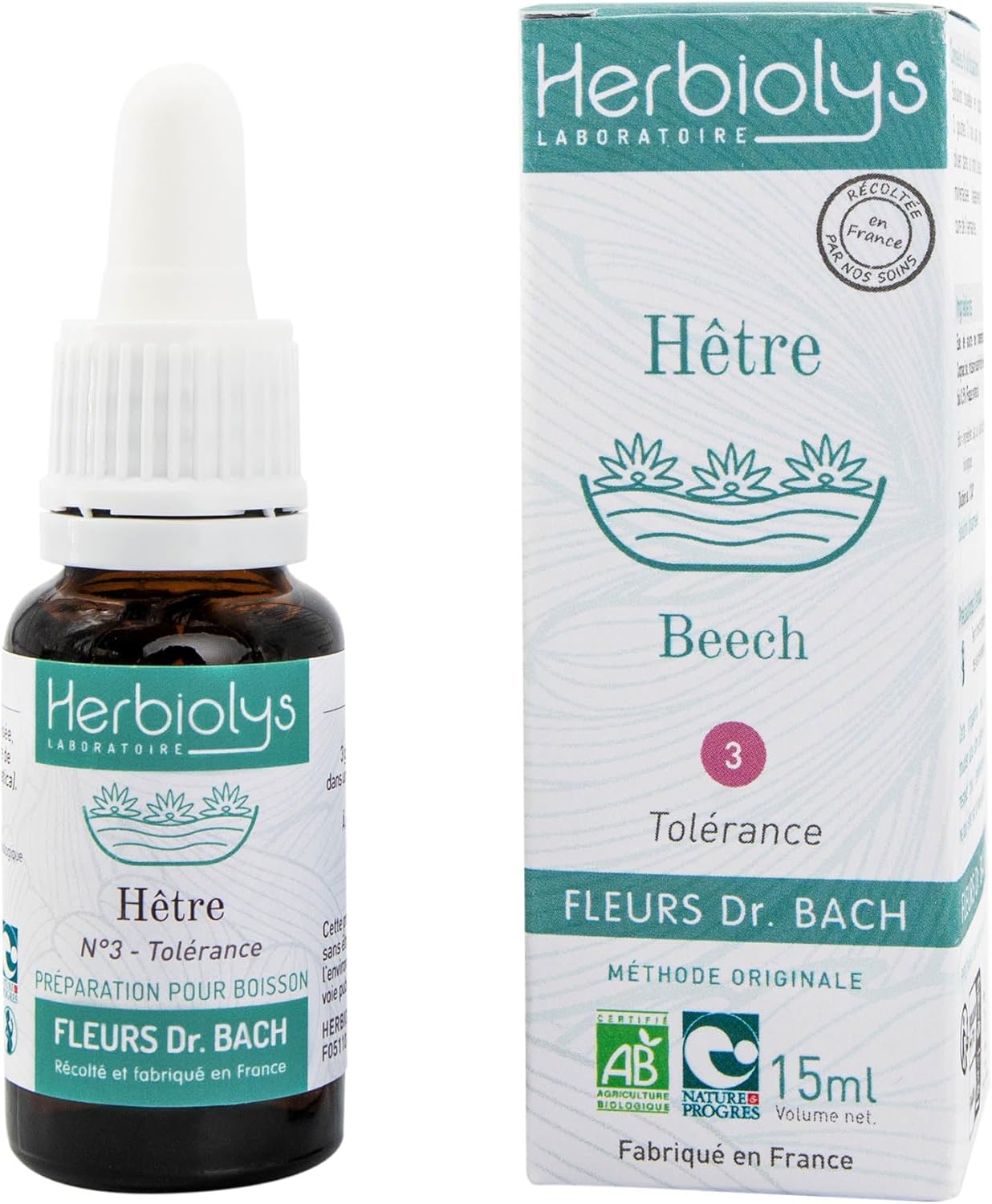 Herbiolys - Elixir Floral - Fleurs De Bach - Hêtre n°03 - Fabriqué En France - Bio - 15 ml N°3 - Hêtre 15 ml (Lot de 1)