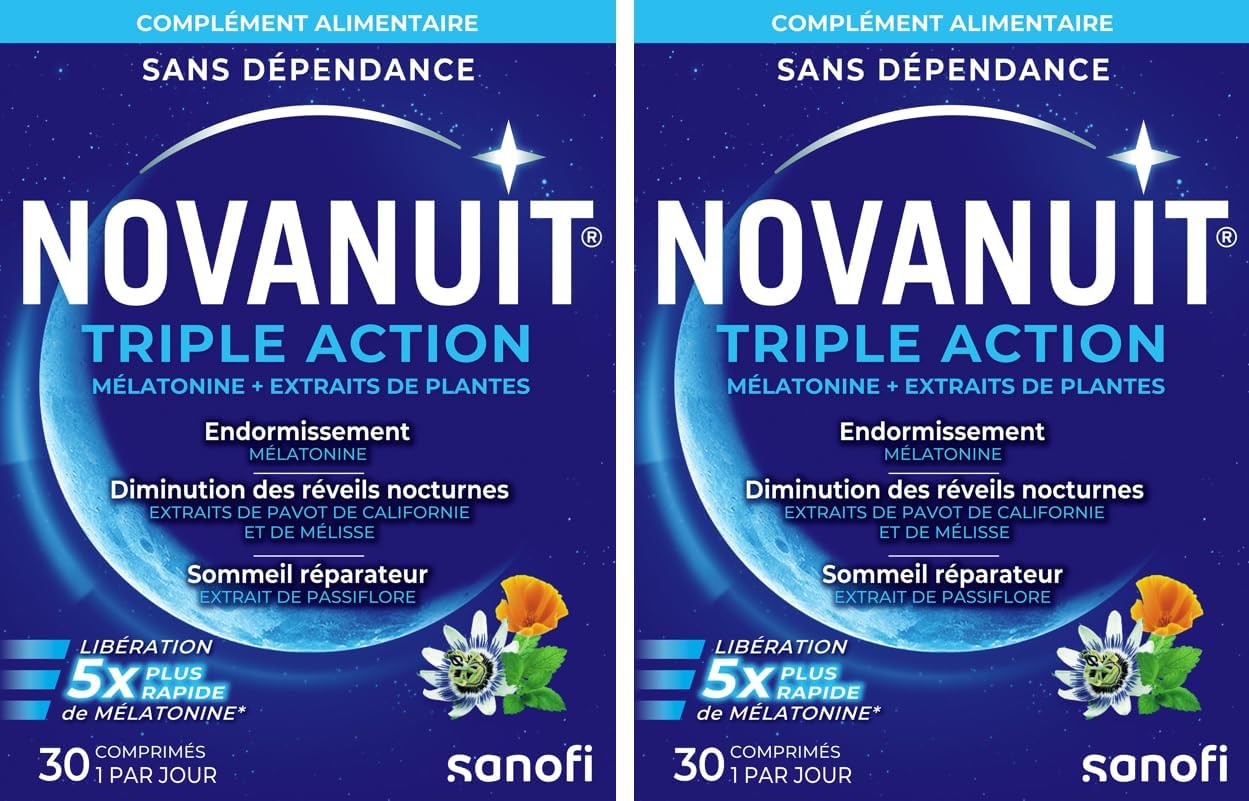 TRIPLE ACTION – Mélatonine 1mg – Complément Alimentaire – Endormissement – Réveils nocturnes –Sommeil réparateur – 30 comprimés – Réservé à l’adulte – Lot 2