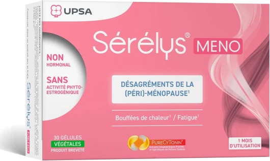 UPSA - Sérélys MENO - Complément Alimentaire Naturel - Désagréments de la Ménopause et Périménopause - Non hormonal - Bouffées de Chaleur, Fatigue - 30 Gélules Végétales - 1 mois