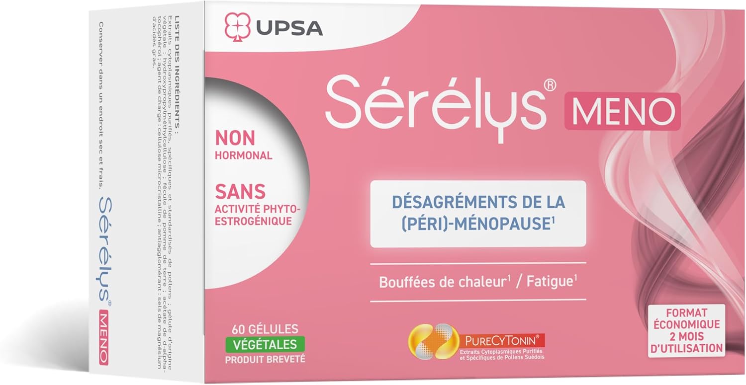 UPSA - Sérélys MENO - Complément Alimentaire Naturel - Désagréments de la Ménopause et Périménopause - Non hormonal - Bouffées de Chaleur, Fatigue - 60 Gélules Végétales - 2 mois