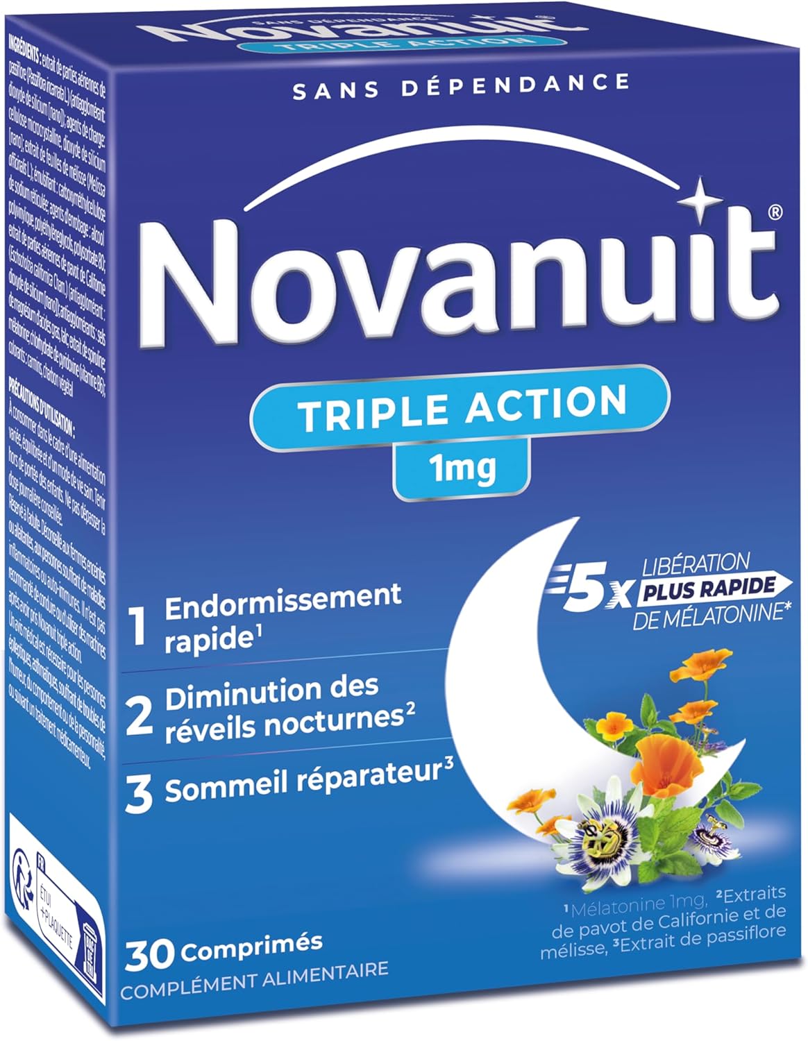 TRIPLE ACTION – Mélatonine 1mg Plantes Vitamine B6 – Complément Alimentaire – Endormissement – Réveils nocturnes –Sommeil réparateur – 30 comprimés – Réservé à l’adulte