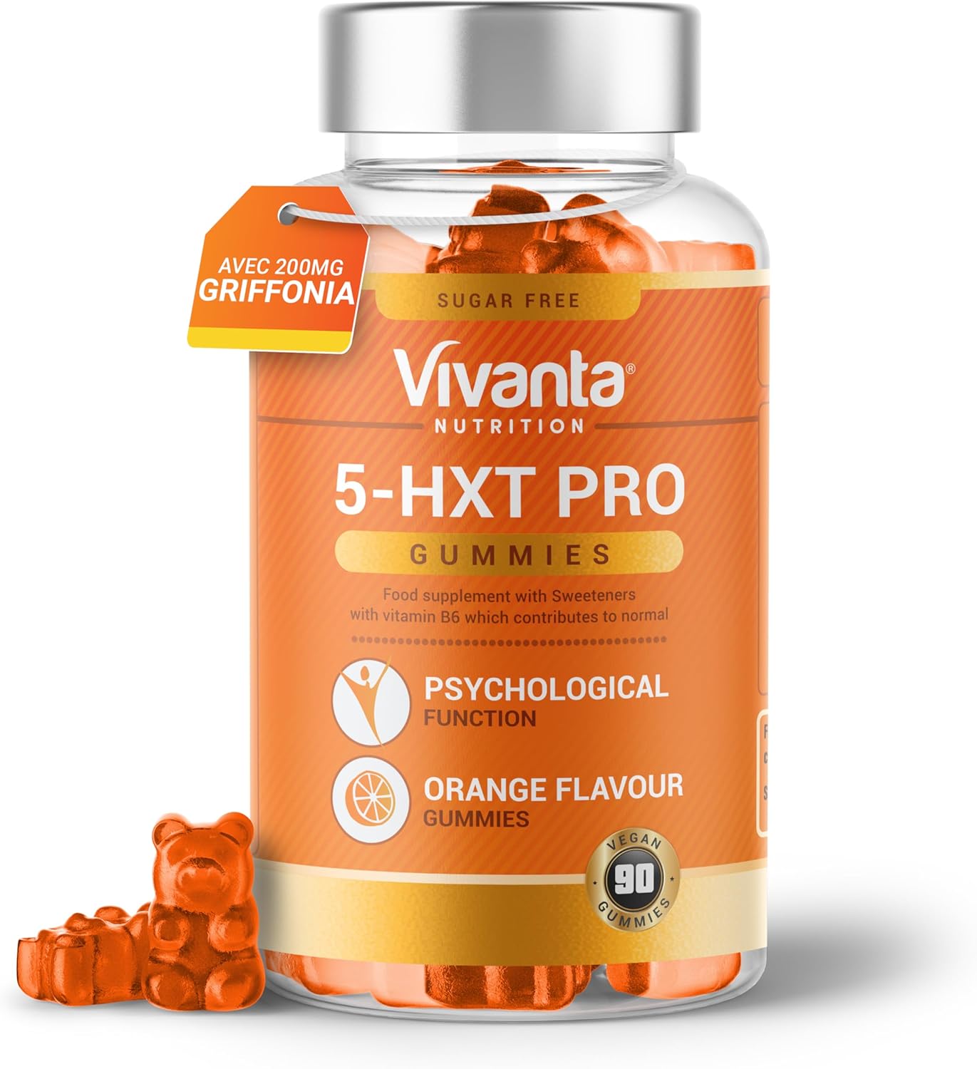 Gommes 5HXT Pro Griffonia 5HTP (Goût Orange) – Extrait de Griffonia Simplicifolia 200mg + Vitamine B6 – Complément Naturel de 5HTP Végétalien et Sans Sucre – 90 Gommes