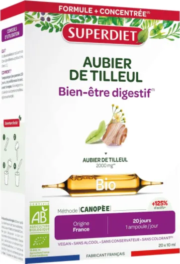 AUBIER DE TILLEUL BIO - Bien-être digestif - 100% Pur jus - Fabrication Française - 20 ampoules de 10ml
