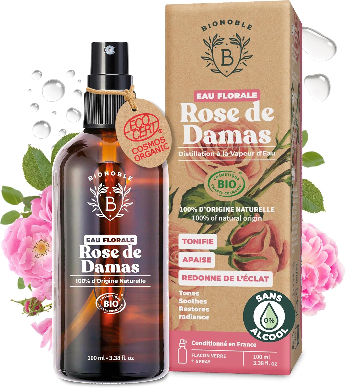 Eau de Rose Bio 100ml + Spray - Bouteille en Verre - Hydrolat de Rose Pur et Naturel pour le Visage, Corps et Contour des Yeux - Eau Florale - Vegan Rosewater Rose 100 ml (Lot de 1)