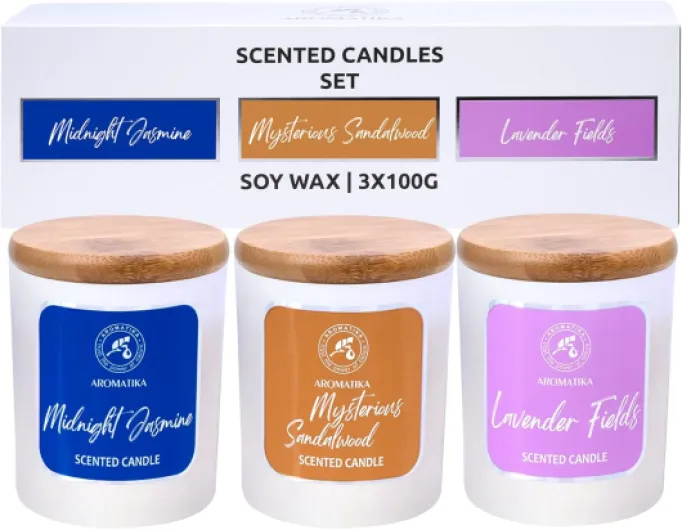 Bougie Parfumée de Jasmin - Sandale - Lavande - Ensemble de Bougies Aromatiques 3x100g - Bougie de Cire de Soja aux Huiles Essentielles - Aromathérapie - Idée pour Anniversaire - Vacance