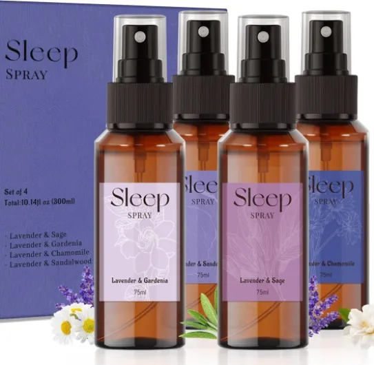 Spray Lavande, Brume Parfumée, Vaporisateur d'Oreiller, Parfum de Lavande, Sauge, Gardénia, Bois de Santal, Camomille - 4x75ml Aroma Spray Set pour Yoga Spray Lavender