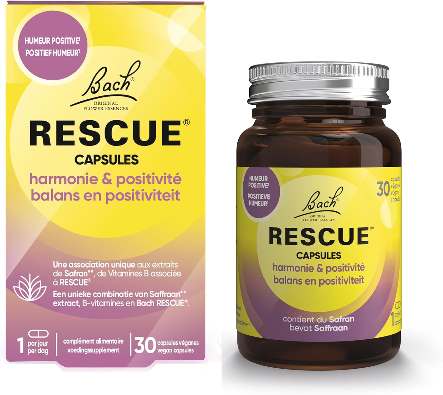 Capsules Harmonie & Positivité - Équilibre émotionnel - Période de surmenage, stress du quotidien, sensibilité - Mélange de 5 Fleurs de Bach Original + Safran + Vitamines - Vegan - 30 gélules