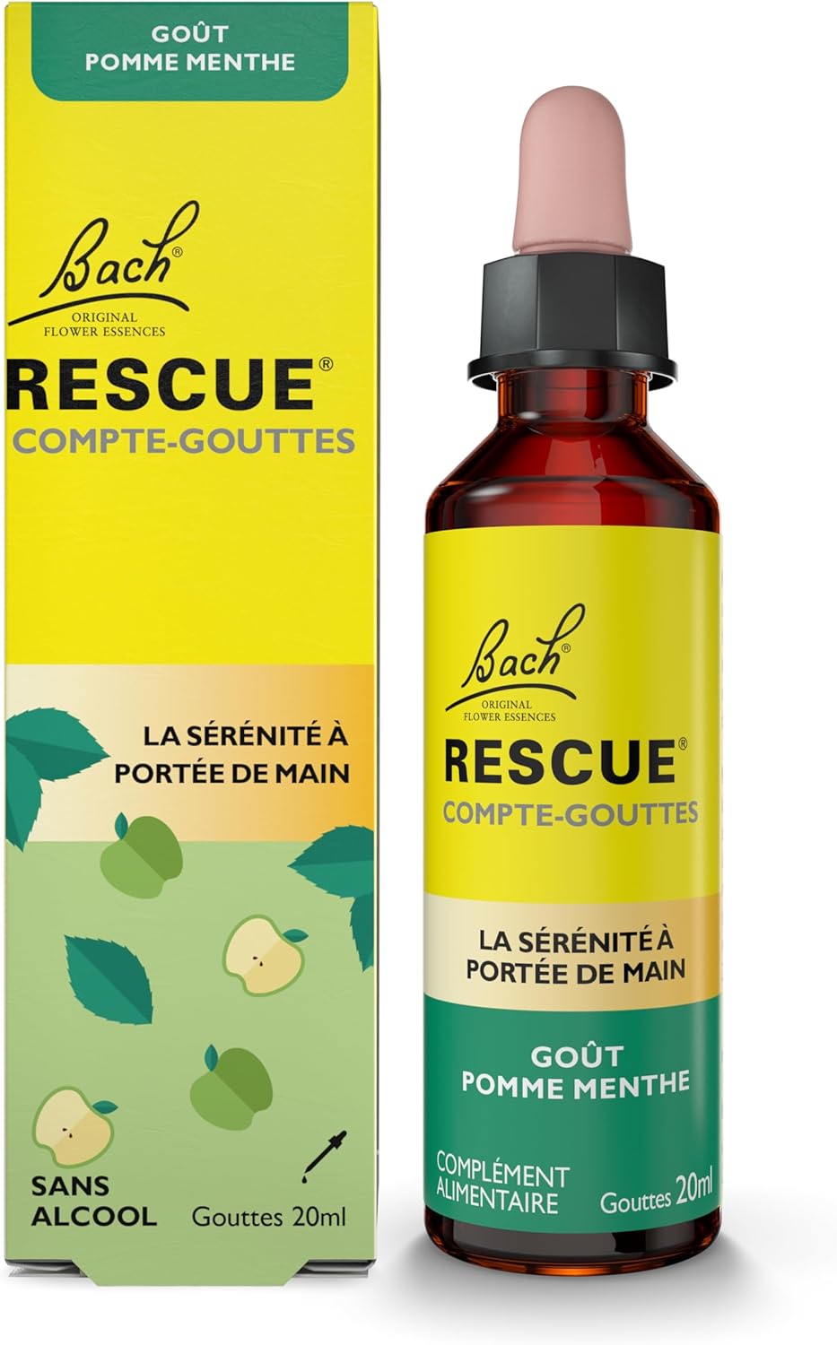 Compte-Gouttes - Pomme Menthe - Sans alcool - Mélange de 5 Fleurs de Bach Original - Idéal pour les stress du quotidien : voyages, examens, réunions, journées chargées - Flacon 20ml