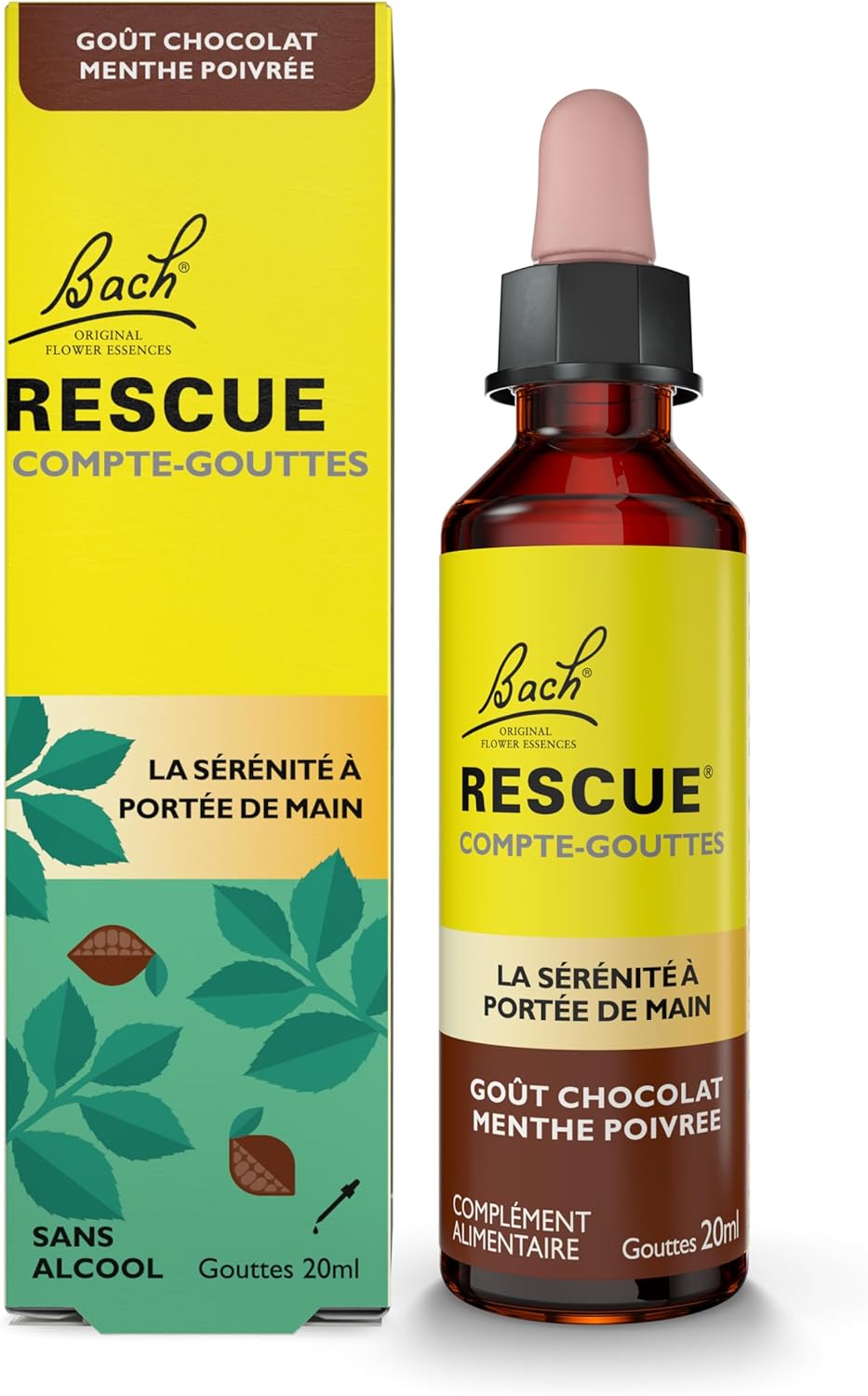 Compte-Gouttes Chocolat Menthe - Sans Alcool - Mélange de 5 Fleurs de Bach Original - Idéal pour les stress du quotidien : voyages, examens, réunions, journées chargées