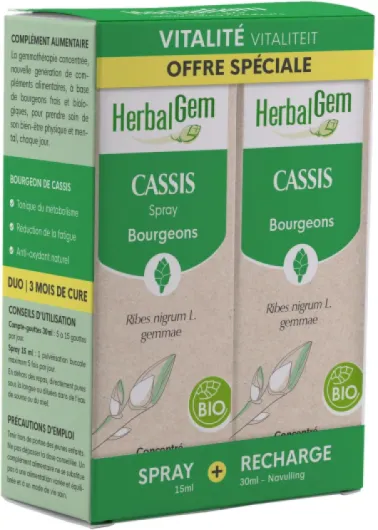 DUO VITALITE - Macérât-Mère - Cassis Bio - Complément Alimentaire Gemmothérapie Concentrée - Extrait De Bourgeon Frais - Pour Articulations, Muscles - Vegan - 30 ml + Spray 15 ml Cassis 22.5 ml (Lot de 2)