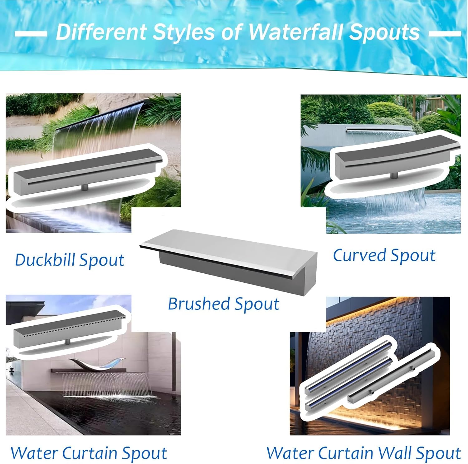 Kit de déversoir en Acier Inoxydable Personnalisable pour Petits Lacs et fontaines, élément Aquatique extérieur/intérieur de 99 cm (39 po), débit et Couleurs réglables, système décoratif Pro Brushed Spout 99cm/39in