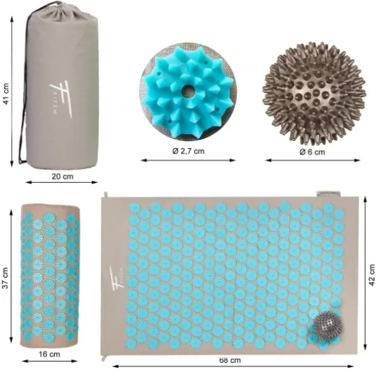 Kit d'acupression - Relaxation Musculaire - Tapis, Coussin Fleur, Sac, Boule de Massage, Soulage douleurs Dos et Cou - (gris-turquoise)