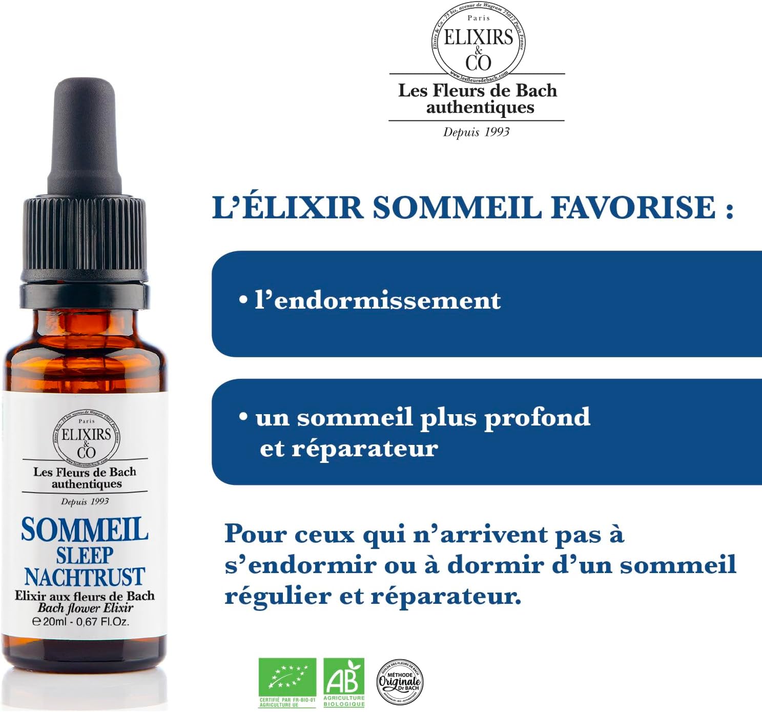 Elixirs & Co - Sommeil Bio Prêt à l'Emploi, Composé Unique aux Fleurs de Bach 20ml - Nuit Calme, Bien-Être, Endormissement - Compte Gouttes Fleur De Bach 100% Naturel - Fabriqué en France Sommeil - 20mL Endormissement