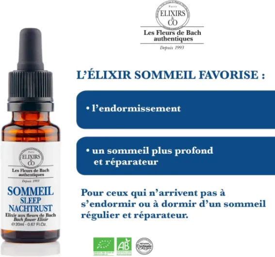 Elixirs & Co - Sommeil Bio Prêt à l'Emploi, Composé Unique aux Fleurs de Bach 20ml - Nuit Calme, Bien-Être, Endormissement - Compte Gouttes Fleur De Bach 100% Naturel - Fabriqué en France Sommeil - 20mL Endormissement