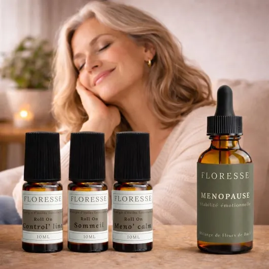 FLORESSE® – Trousse MENOPAUSE Bien-Être au Féminin – 3 Roll-On aux Huiles Essentielles + 1 flacon de Fleurs de Bach