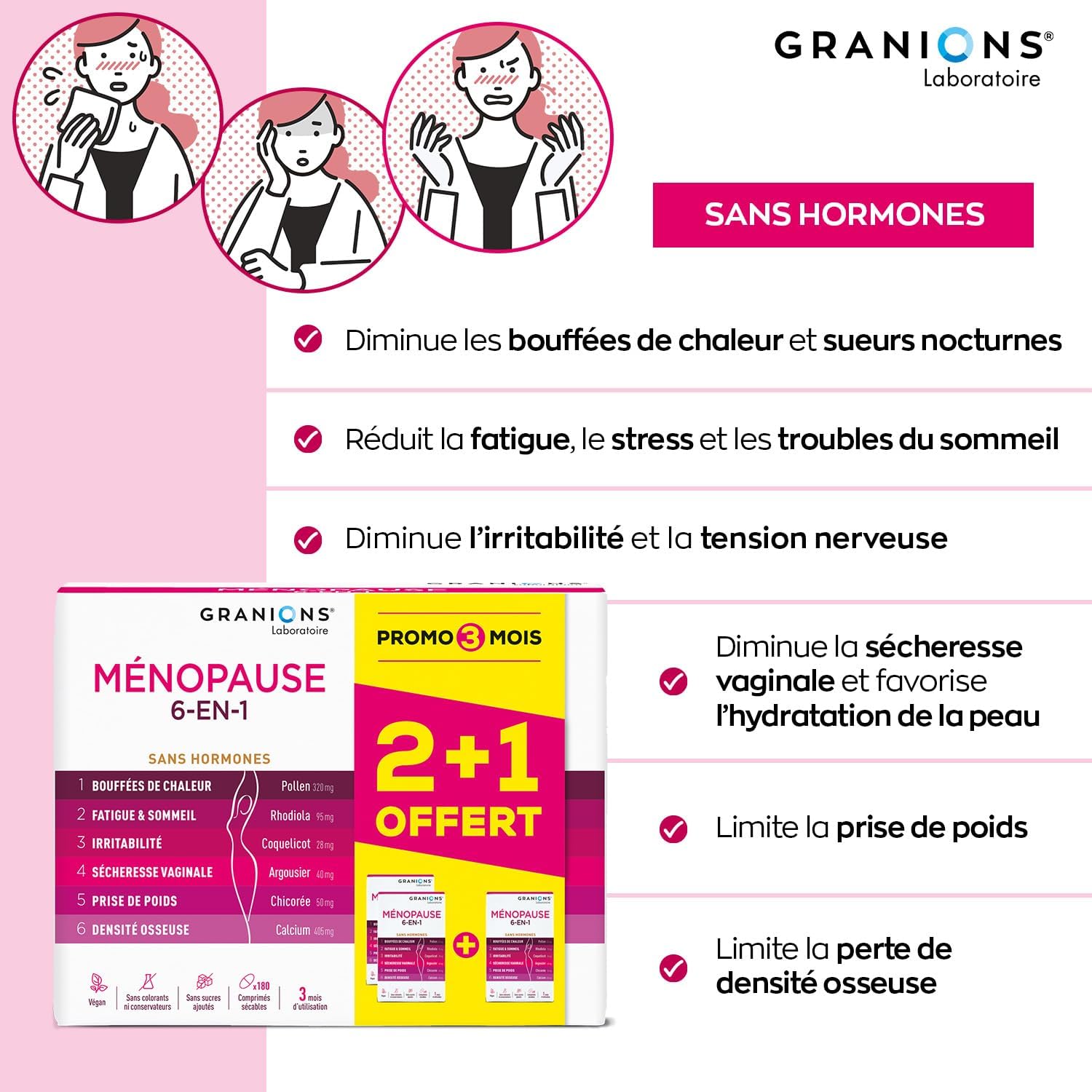 MENOPAUSE 6-EN-1-3 MOIS - Menopause Bouffee de Chaleur et Poids - Ménopause Perte de Poids - Bouffees de Chaleur, Fatigue, Irritabilité, Perte de Poids, Densité Osseuse - 180 Comprimés