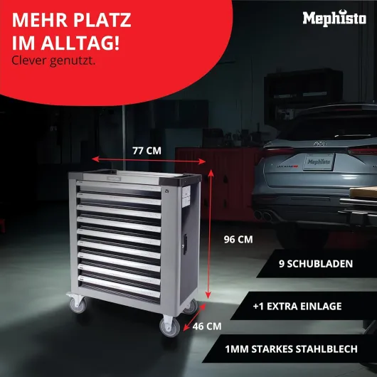 Chariot d'atelier avec 9 tiroirs Dont 9 tiroirs remplis d'outils comme clés à molette, cliquet avec écrou, anglais, etc - avec inserts souples en optique carbone Standard+clé à molette