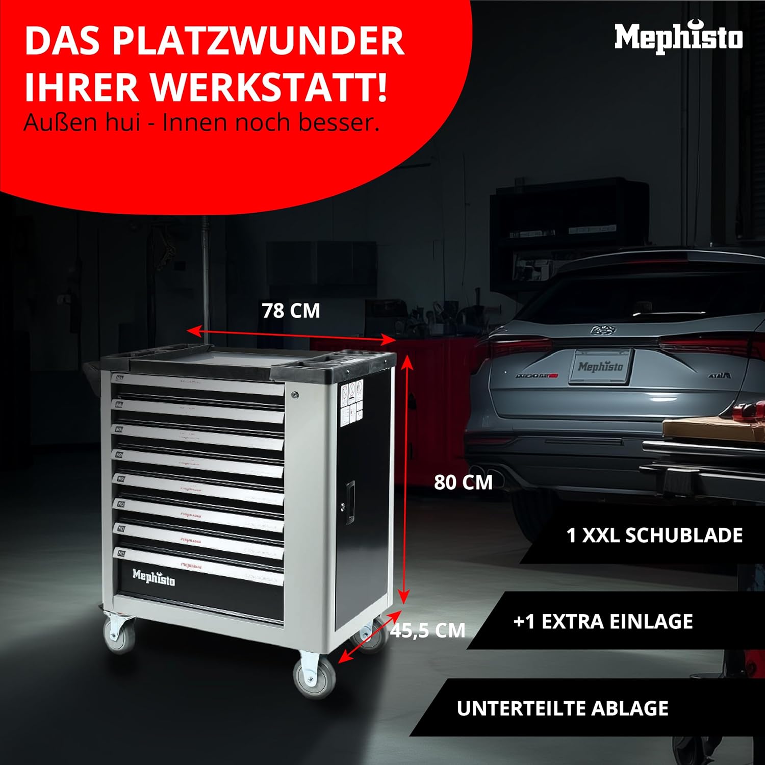 Chariot à outils XXL avec 8 tiroirs dont 8 outils tels que clés, cliquet avec boîte en noyer, jeu de clés à anneau, etc - en Soft Inlays in Carbon Lock Standard+Ringschlüssel
