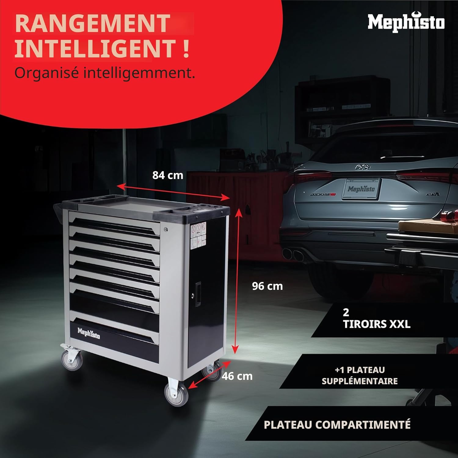 XXL Chariot à outils Servante d'atelier avec 7 tiroirs Dont 7 remplis d'outils tels que clés à molette, cliquet avec écrou, tournevis, etc - dans des tiroirs avec inserts souples en optique de Standard+ensemble complet