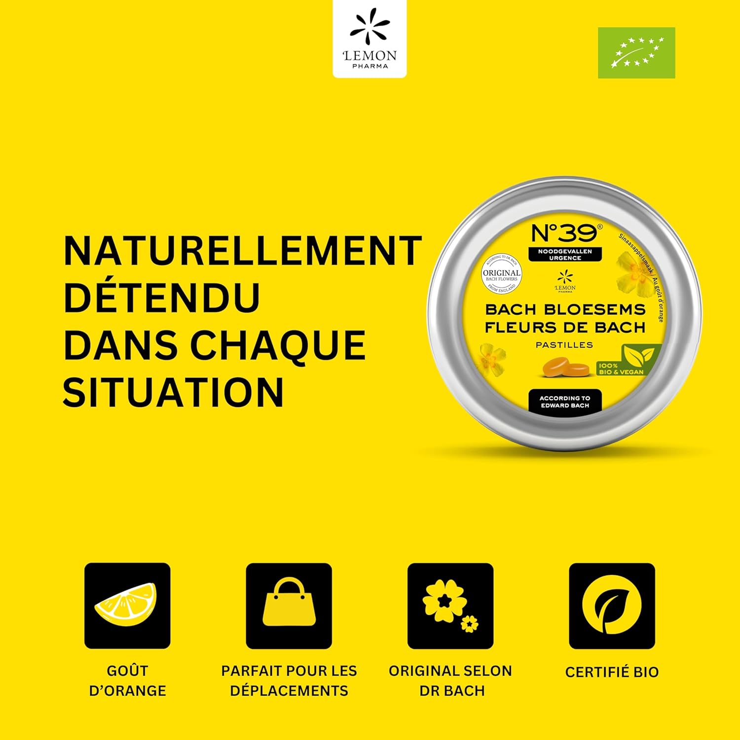 Pastilles Fleurs de Bach d’Angleterre biologiques N°39® Urgence, Calme & Relaxation – Goût Orange – boîte de 45g – Lemon Pharma