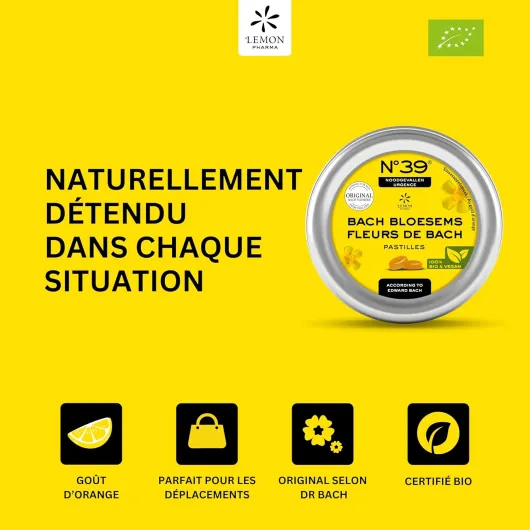 Pastilles Fleurs de Bach d’Angleterre biologiques N°39® Urgence, Calme & Relaxation – Goût Orange – boîte de 45g – Lemon Pharma