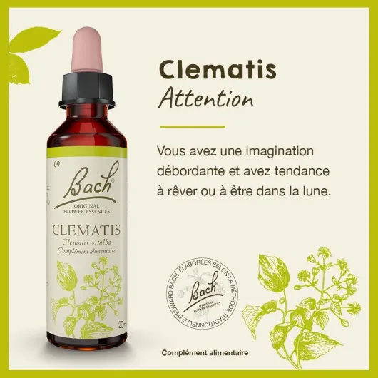 FLEURS DE BACH ORIGINAL - Clematis No 9 - Aide à la Concentration et à être davantage présent , plus concret et réaliste - Élixir Floral Naturel - Compte-Gouttes x 20 ml Vegan Attention