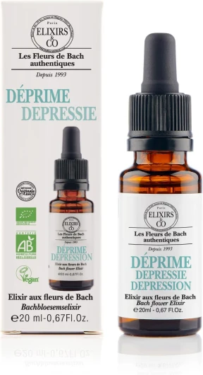 Elixir Déprime Bio Prêt à l'Emploi, Composé Unique aux Fleurs de Bach 20ml - Elixirs & Co - Sérénité, Calme, Lâcher-Prise - Compte Gouttes Apaisant Fleur De Bach 100% Naturel - Fabriqué en France New Déprime