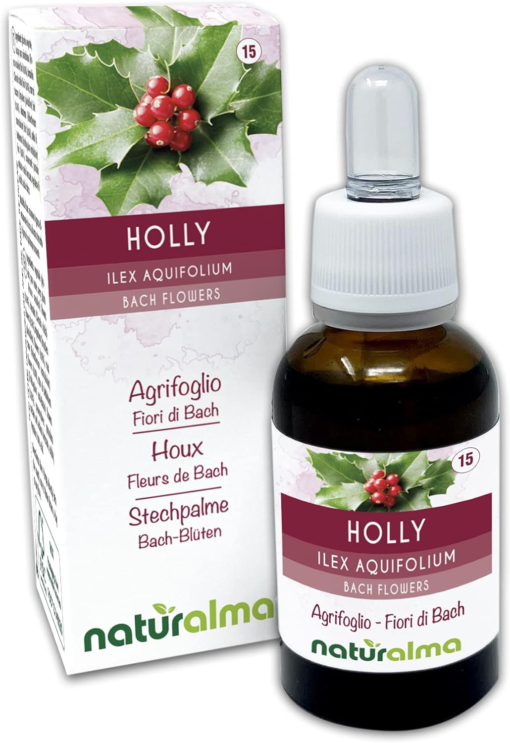Holly ou Houx (Ilex aquifolium) Fleurs de Bach Naturalma - Gouttes 30 ml - Extrait liquide sans alcool - Essences florales - Vegan et sans alcool