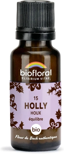 BIOFLORAL - 15 Holly, Houx BIO - Equilibre - Fleur de Bach Authentique - 470 Granules - Sans Alcool N°15 - Holly 470 Granules