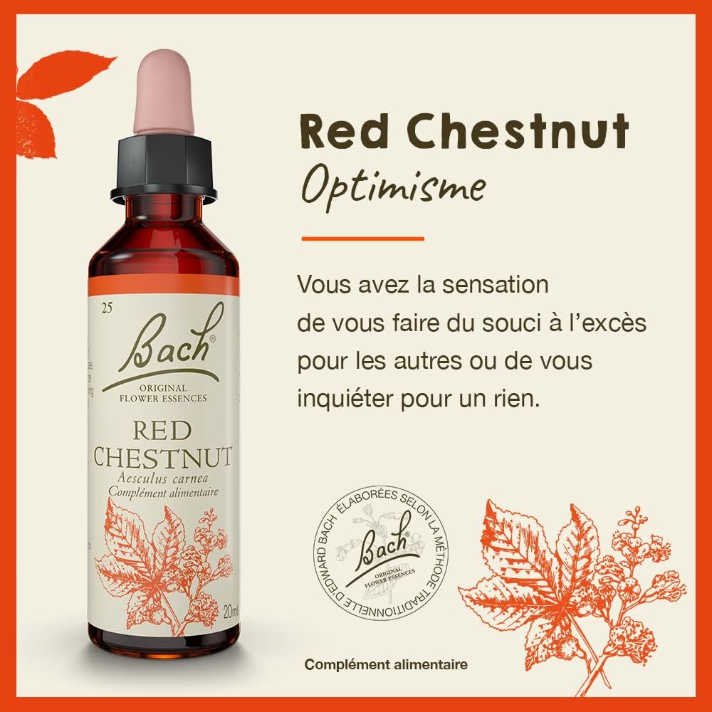 FLEURS DE BACH ORIGINAL - Red Chestnut No 25 - Pour plus d'optimisme et confiance pour les autres - Aide à moins se préoccuper de ses proches - Élixir floral naturel - Compte-Gouttes 20ml - Vegan Unique