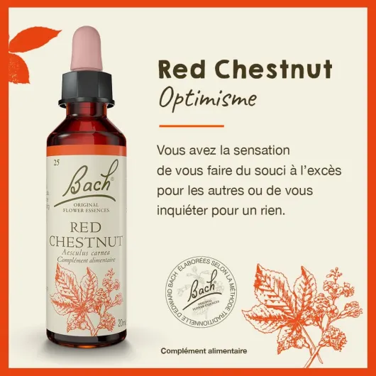 FLEURS DE BACH ORIGINAL - Red Chestnut No 25 - Pour plus d'optimisme et confiance pour les autres - Aide à moins se préoccuper de ses proches - Élixir floral naturel - Compte-Gouttes 20ml - Vegan Unique