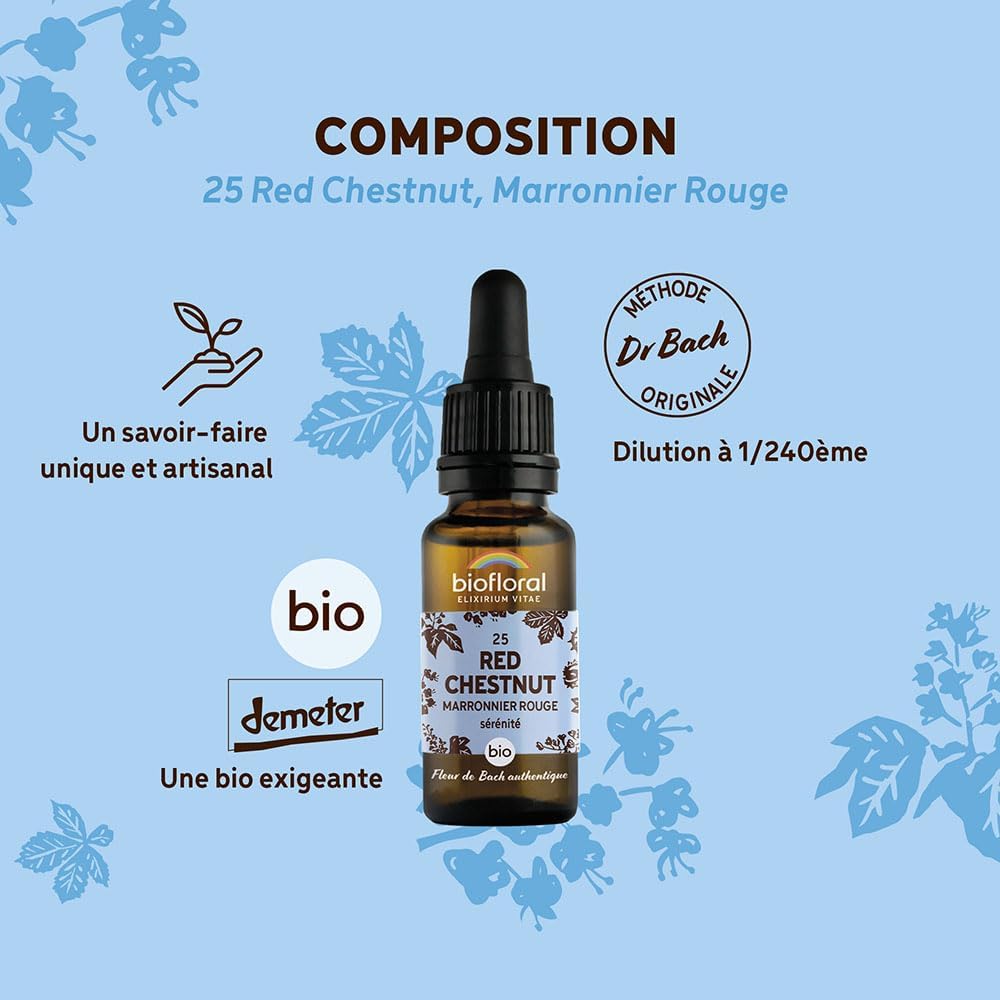 BIOFLORAL - 25 Red Chestnut, Marronnier Rouge BIO DEMETER - Sérénité - Fleur de Bach Authentique - Compte-gouttes 20 ML