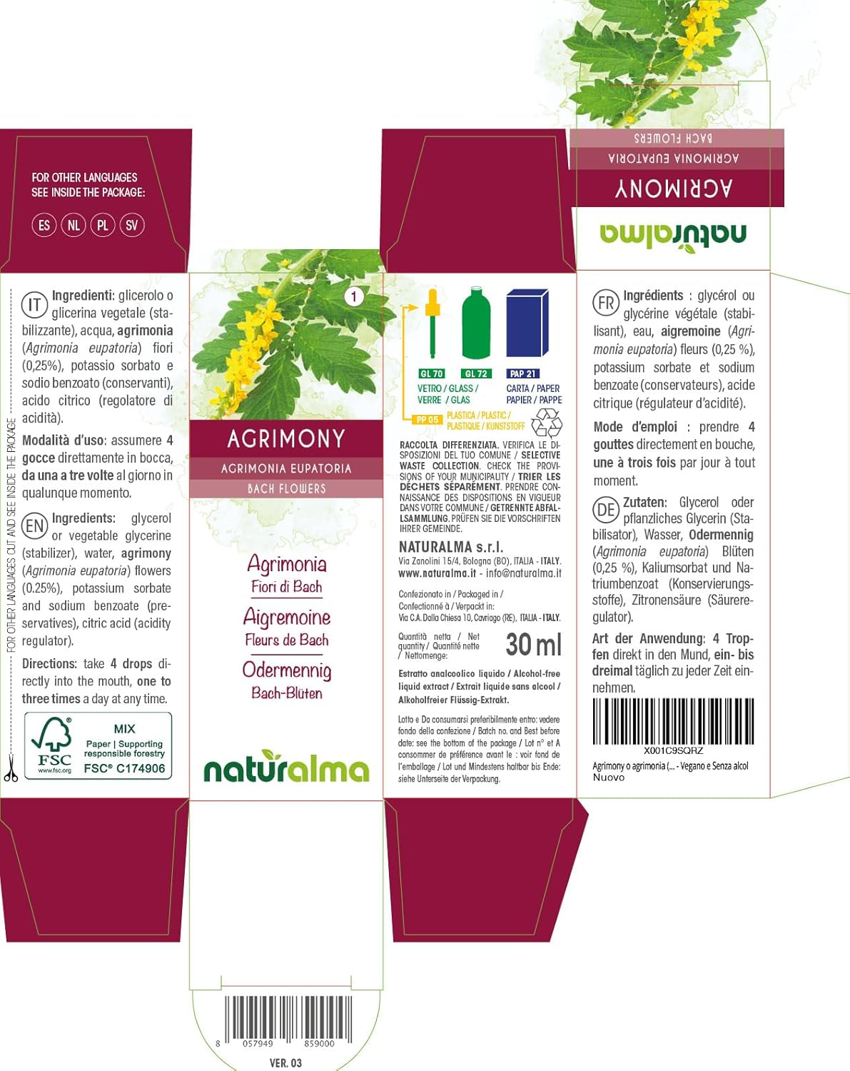 Agrimony ou Aigremoine (Agrimonia eupatoria) Fleurs de Bach Naturalma - Gouttes 30 ml - Extrait liquide sans alcool - Essences florales - Vegan et sans alcool